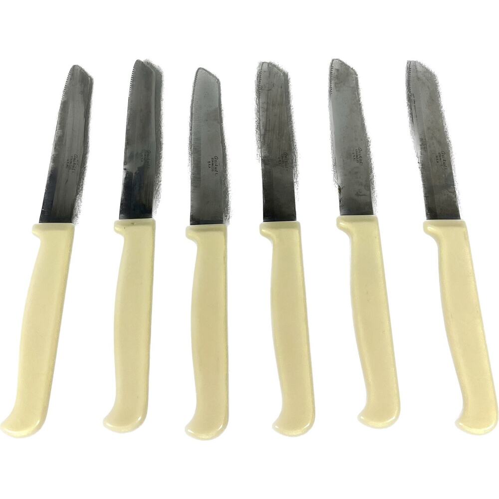 Vintage Quikut Stainless Steak Knives Cream Handle Lot Of 6 Made in USA
